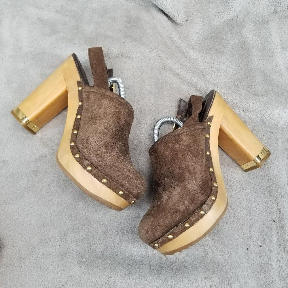 Tory Burch Shoes Womens Size 8.5 Brayden Brown Suede Wood Sole Clogs - Picture 8 of 13